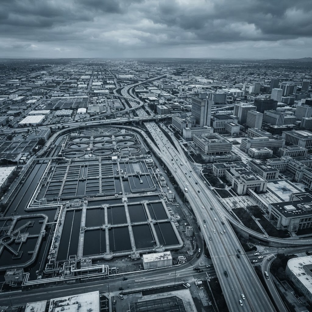 Aerial view of civic infrastructure including water basins and a highway corridor